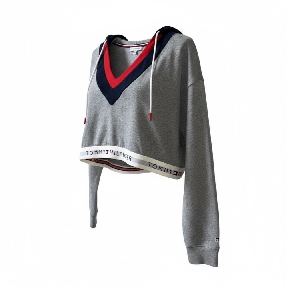 Tommy Hilfiger Cropped Hoodie Gray Red Blue V Neck Long Sleeve Banded‎ Hem - Picture 5 of 6